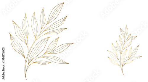 Set of two elegant golden handdrawn leaf branches