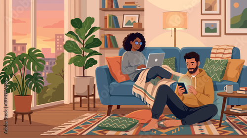 Couple relaxing at home with smartphone and laptop in cozy flat style digital illustration