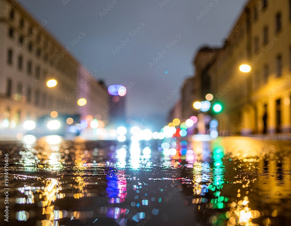 Obraz premium City street at night with reflections.
