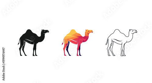 Three different colored camel silhouettes standing in a row facing right