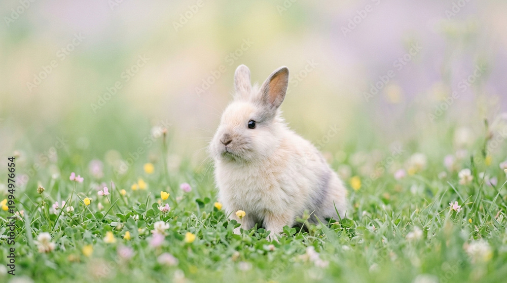 Fototapeta premium Rabbit on grass soft light pastel color white rabbit small mammal wild animal meadow spring field fluffy fur nature scene