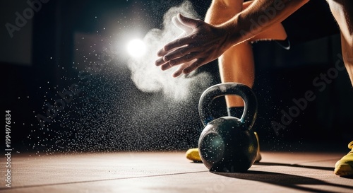 Athlete clapping hands with chalk dust before kettlebell workout