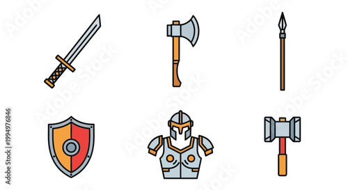 Collection of medieval warrior battle equipment including sword axe spear shield armor and hammer for gaming fantasy and historical themes