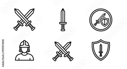 Collection of linear icons depicting combat elements including swords shields and a warrior figure suitable for game design or historical themes