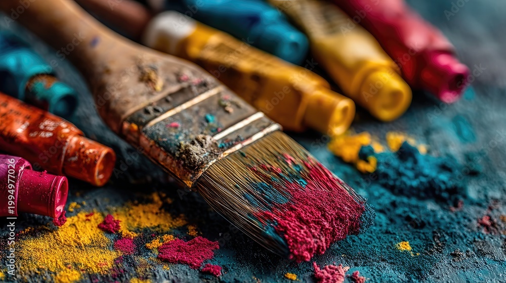 Fototapeta premium Paintbrush Covered in Vibrant Pigment Powder with Squeezed Paint Tubes on Table