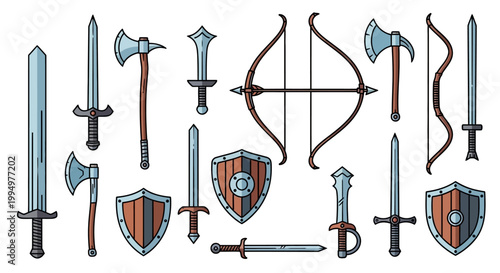 Collection of Medieval Weaponry Including Swords Axes Bows and Shields for Fantasy Adventure Gaming or Historical Projects
