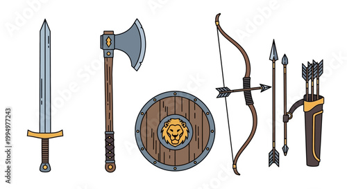 Medieval Weapon Collection Featuring Sword Axe Shield Bow Arrows Quiver Forged Steel Forged Wood Medieval Fantasy Adventure Warrior Combat Equipment