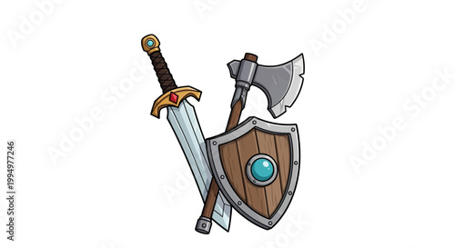 Medieval Sword Axe Shield Armor Equipment Weaponry Forged Steel Battle Gear Fantasy Adventure Heroic