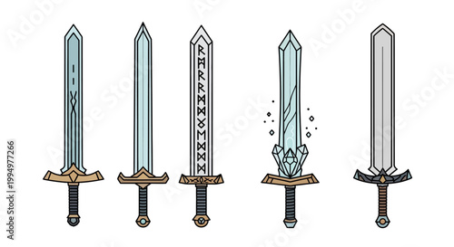 Collection of Five Different Fantasy Swords with Ornate Guards and Detailed Blades on White Background