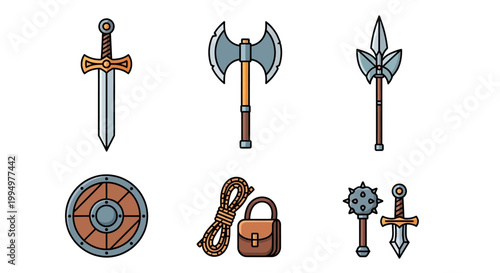 Collection Of Medieval And Fantasy Weapon Icons Including Sword Axe Spear Shield Mace And Other Combat Gear For Game Design And Adventure Concepts