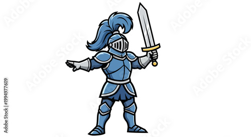 Cartoon Medieval Warrior In Full Blue Armor Holding Sword Ready For Battle Standing Strong White Background