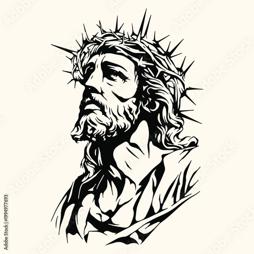 Portrait art of Jesus Christ with the crown of thorns black and white vector graphics