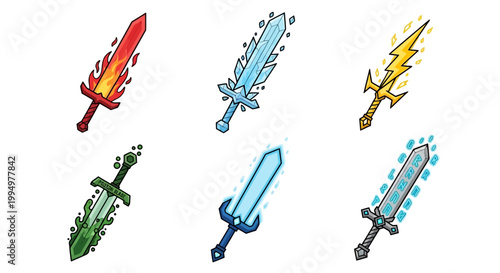 Collection of fantasy elemental swords and magic weapons with fire ice lightning plant and energy elements for game assets or concept art