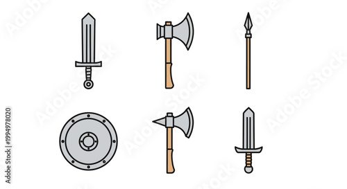 Collection of medieval combat tools including swords axes shield and spear on a clean white background flat design elements for historical themes