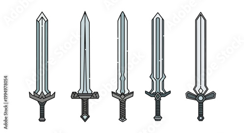 Collection of Five Unique Stylized Swords Displayed in a Row on White Background for Fantasy Game Design and Historical Concepts