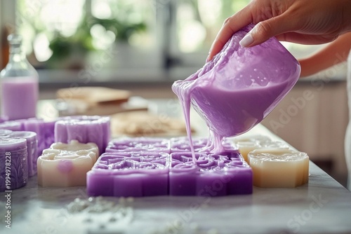 Woman crafting handmade soaps by pouring mixture into decorative molds