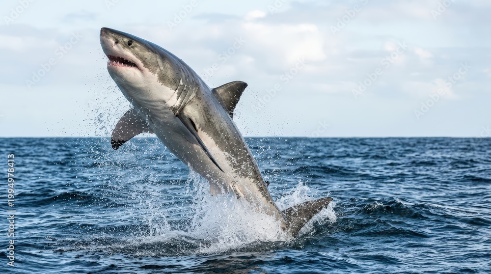Fototapeta premium Great White Shark breaching out of the ocean. Large marine predator jumping above the water surface with splashes. Wild aquatic animal in action