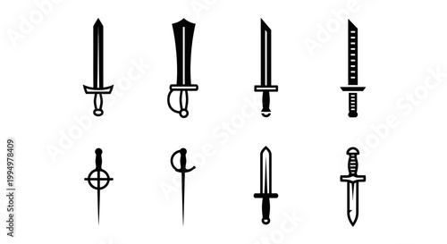Collection of Various Historical Weapon Designs Displayed Across Two Rows Featuring Different Blade Shapes And Handles For Medieval Combat And