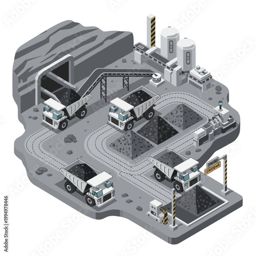 Isometric Mining Operation with Trucks and Processing Plant Illustration.