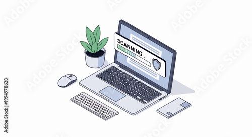 Cybersecurity System Scan Concept with Isometric Laptop Illustration for Antivirus and Malware Protection