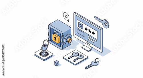 Cybersecurity and Data Protection Concept Isometric Illustration with Digital Vault and Hardware Keys