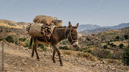 Working donkey carrying a heavy load of firewood and sacks on a rocky mountain path. Traditional rural transport in a remote village