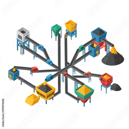 Isometric Mining and Processing Plant Illustration with Conveyor Belts.