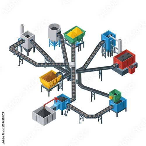 Isometric Coal Processing Plant Illustration with Conveyor Belts and Hoppers.