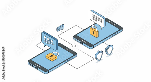Isometric Illustration of Secure Mobile Messaging and Cybersecurity Data Protection with Smartphones and Padlocks