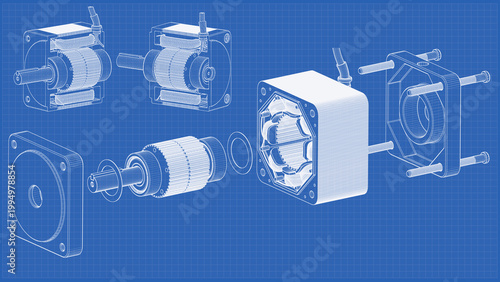 Servo Motor for CNC - Cross Section. Cutaway and Exploded View - drawing. AC Stepper Motor. 3D rendering isolated on blue background. 3D Mesh, Sketch, Vector style. Ideal for educational, engineering