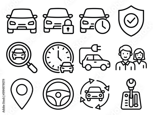 Car service icons including electric car steering wheel gear shift map pin and battery with magnifying glass, line art