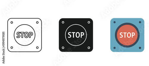 Set of stop button icons, vector illustration of emergency push button in linear, solid, and flat design styles