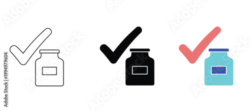 Set of vaccine bottle icons with check mark, medical vial symbols, vector illustration