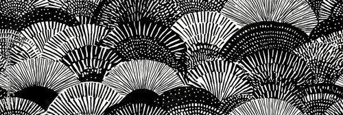 Japanese black and white scallop pattern graphic design. Seamless monochrome scallop graphic pattern creating a stylish fan texture background