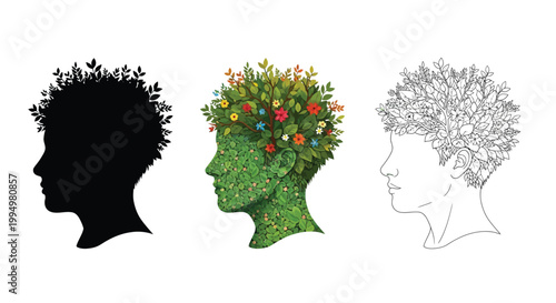Human head silhouettes with floral and leafy designs representing growth and nature