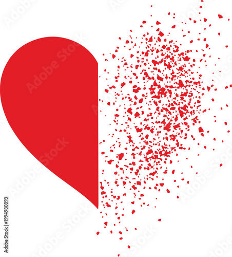 A red heart dissolving into scattered particles against a white background