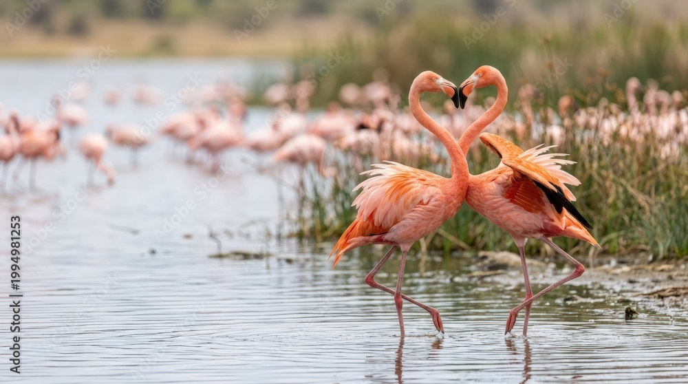 Fototapeta premium Two pink flamingos forming a heart shape with their necks. Courtship dance of wild birds in a wetland lake. Animal love and romance concept