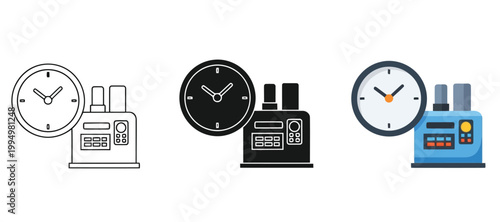 Time tracking and production management icon set, featuring a clock and industrial machinery control panel for efficient workflow monitoring