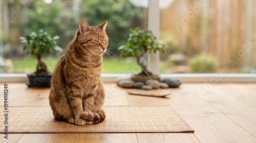 Orange tabby cat sitting with eyes closed on a bamboo mat. Ginger feline resting near a window with a bonsai tree. Zen and meditation concept