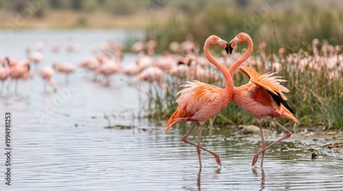 Two pink flamingos forming a heart shape with their necks. Courtship dance of wild birds in a wetland lake. Animal love and romance concept