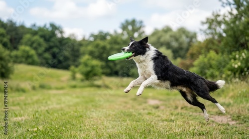 Border Collie jumping to catch a green frisbee in a grassy field. Active purebred dog playing outdoors in summer