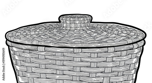 Woven wicker basket with lid in hand drawn line art style isolated on white background