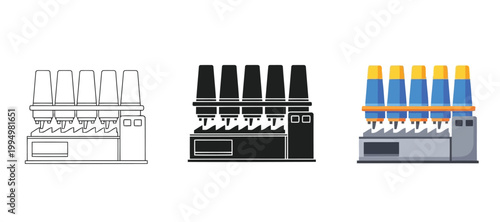 Textile spinning machine icon set, industrial equipment for yarn production, vector illustration