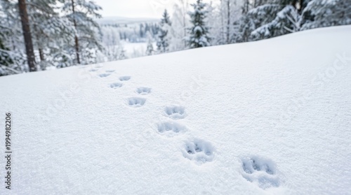 Trail of cat paw prints in fresh white snow. Animal tracks leading through a winter forest landscape. Outdoor nature background with copy space