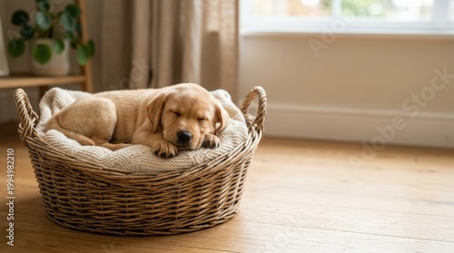 Yellow Labrador puppy sleeping in a wicker basket. Tired young dog resting on a knitted blanket indoors