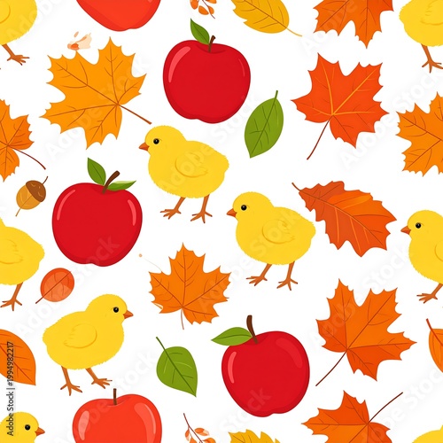 Autumn seamless pattern with chicks apples.