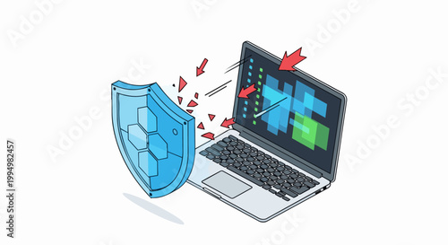 Cybersecurity Concept: Isometric Illustration of a Digital Shield Protecting a Laptop from Cyber Attacks, Malware, and Data Breach Threats on a White Background