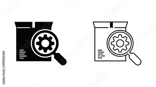 Package inspection icon with magnifying glass and gears inspection magnifying analysis logistics shipping