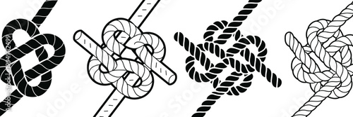 Set of knots on ropes with collection illustration close-up fastening connection nautical climbing