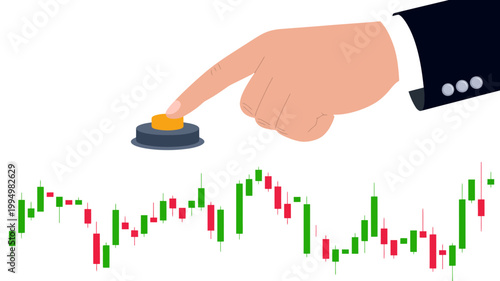 Hand pressing a button over financial candlestick stock market chart for investment concept with investment